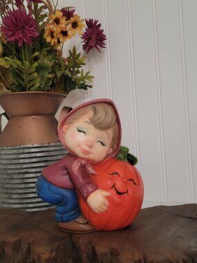Vtg Retro Kitschy MCM Cottagecore Halloween Fall Girl Hugging Pumpkin Figurine